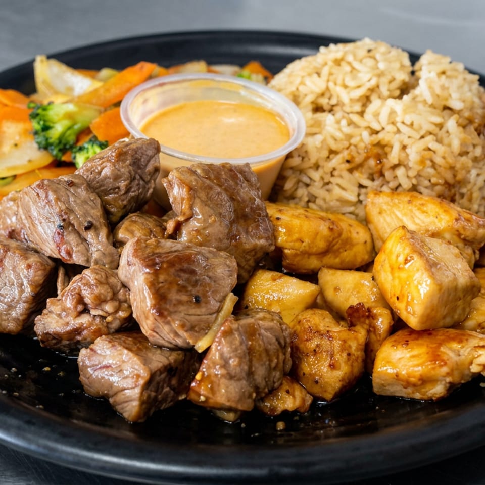 Black plate with grilled beef and chicken, seasoned rice, sautéed vegetables, and a cup of creamy dipping sauce.
