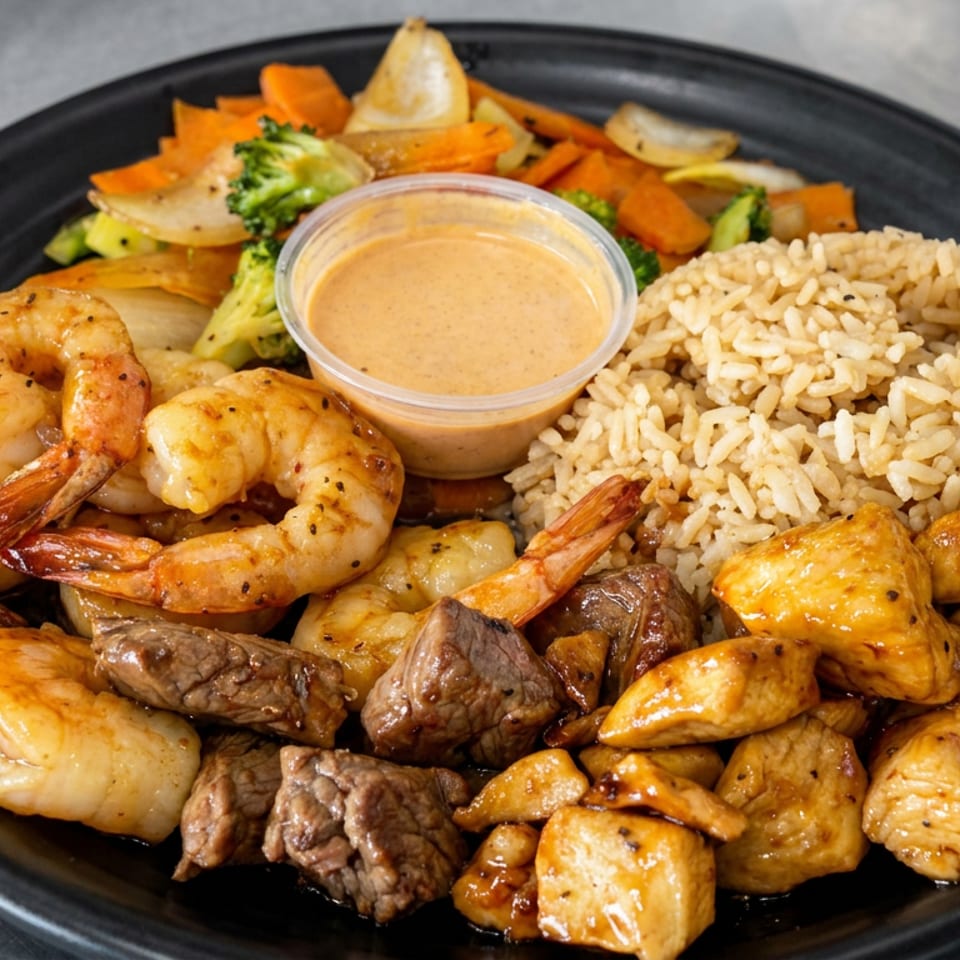 Black plate featuring grilled shrimp, steak, chicken, fried plantains, rice, vegetables, and dipping sauce.