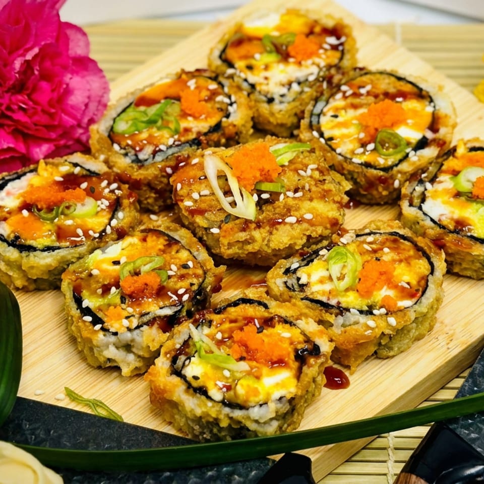 Crispy sushi rolls topped with orange roe, scallions, and sesame seeds arranged on a wooden board with flowers.