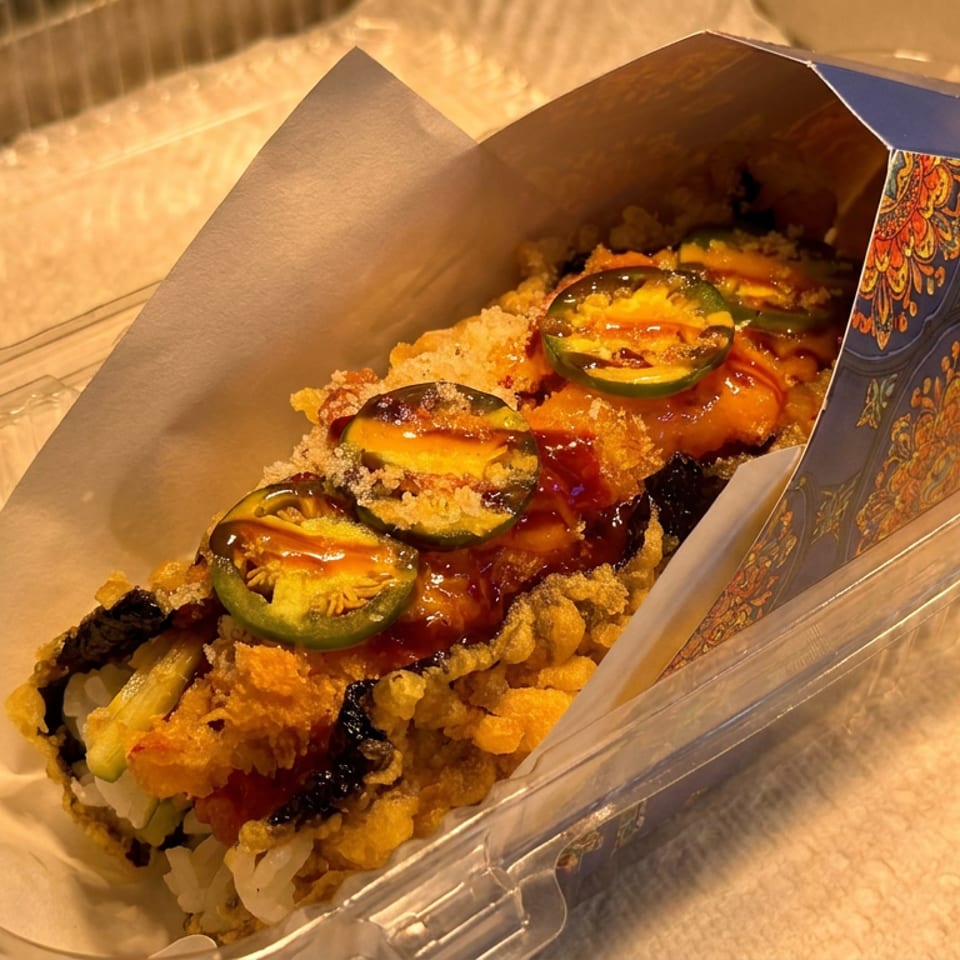 Sushi roll topped with jalapeño slices and glossy sauce, served in an open decorative paper tray.